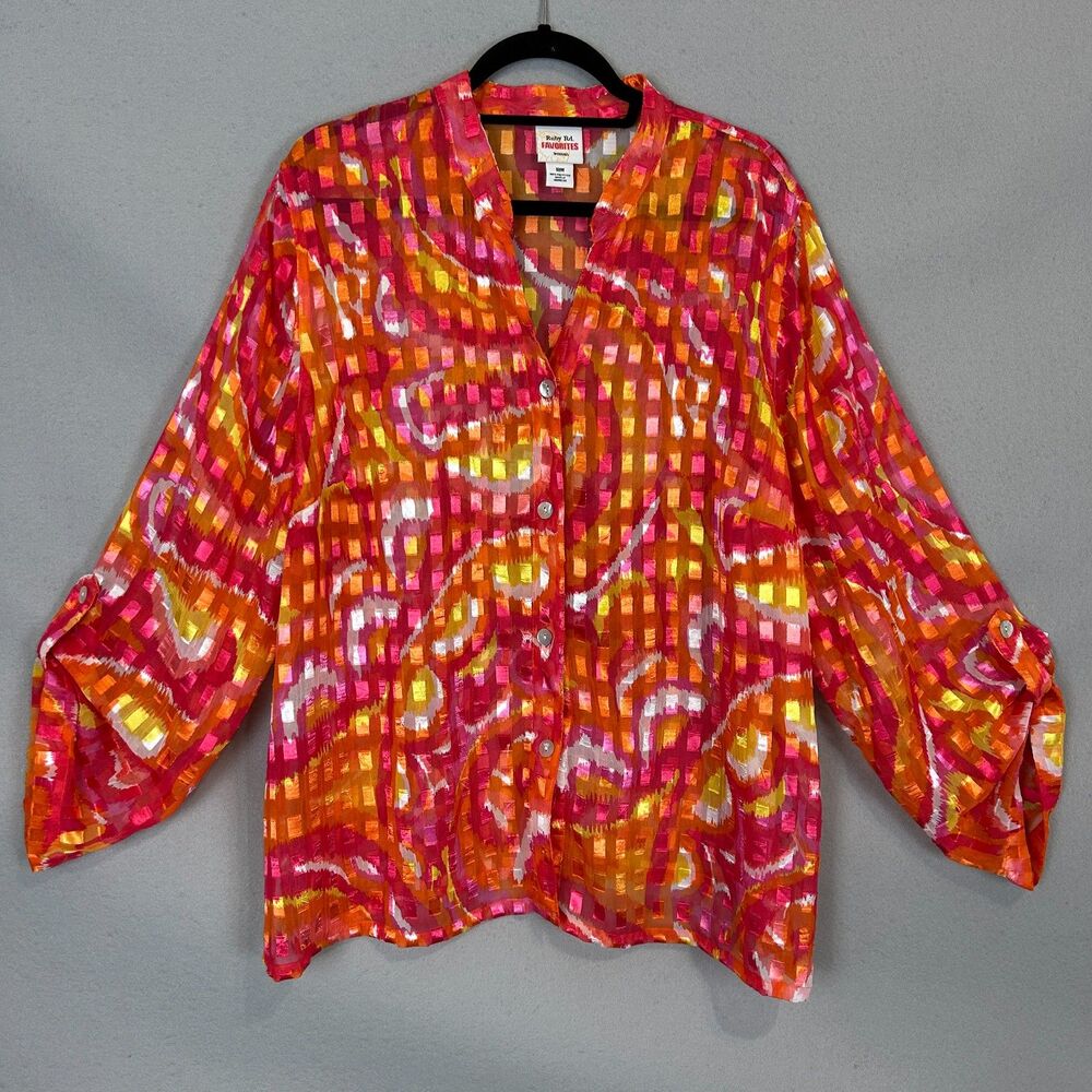 Ruby Rd Favorites 18W Sheer Blouse Pink Orange Boho Button Plus Top Summer